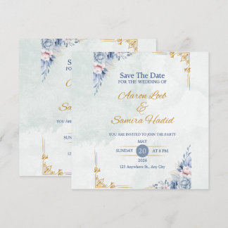 Blue and Gold Elegant Wedding Invitation