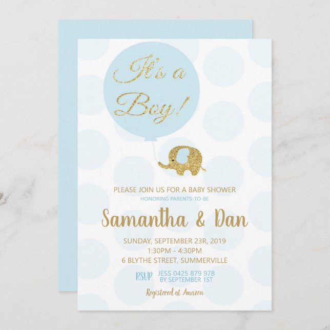 Blue and Gold Elephant Baby Shower Invitation Boy (Front/Back)
