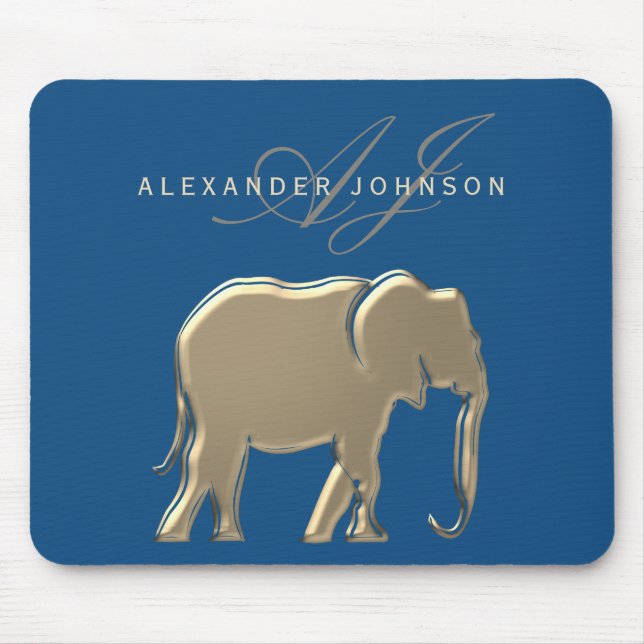 Blue and Gold Elephant Monogram Mouse Mat (Front)