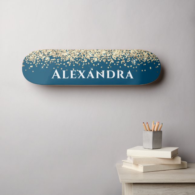 Blue And Gold Faux Glitter Aesthetic Custom Name Skateboard (Wall Art (Horz))