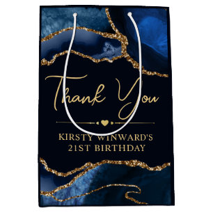 Blue and Gold Faux Glitter Agate Birthday Medium Gift Bag