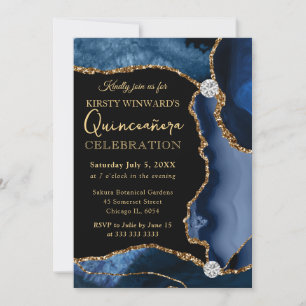 Blue and Gold Faux Glitter Agate Quinceanera Invitation