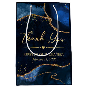 Blue and Gold Faux Glitter Agate Quinceanera Medium Gift Bag