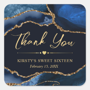 Blue and Gold Faux Glitter Agate Sweet Sixteen Square Sticker