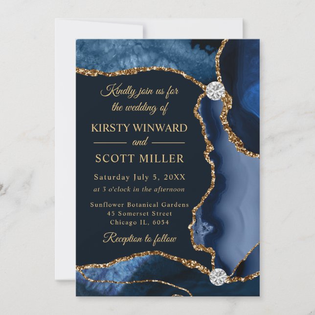 Blue and Gold Faux Glitter Agate Wedding Invitation (Front)