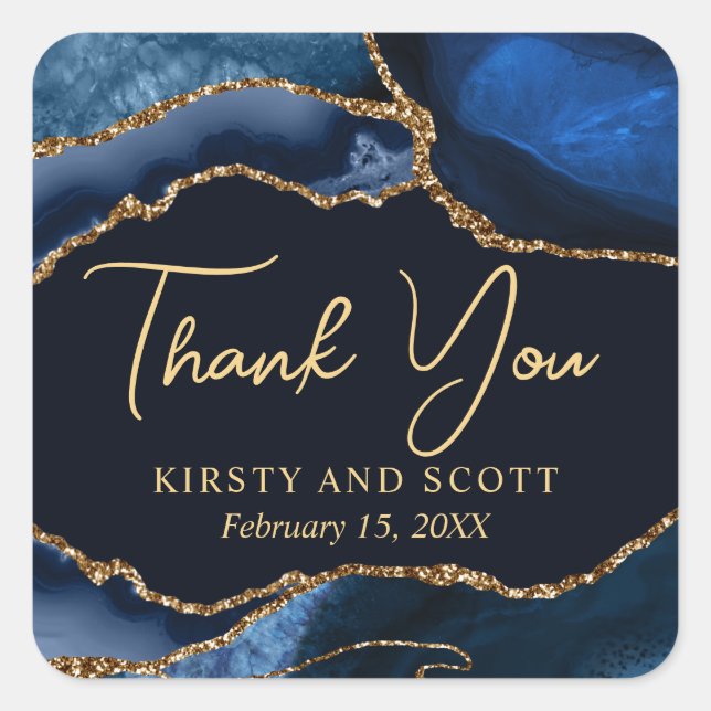 Blue and Gold Faux Glitter Agate Wedding Square Sticker (Front)
