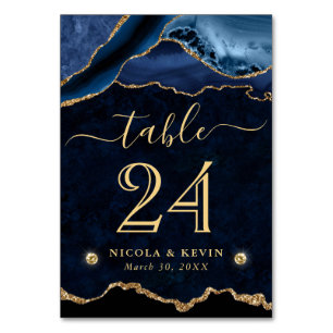 Blue and Gold Faux Glitter Agate Wedding Table Number
