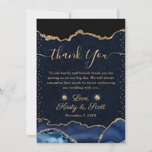 Blue and Gold Faux Glitter Agate Wedding Thank You Card