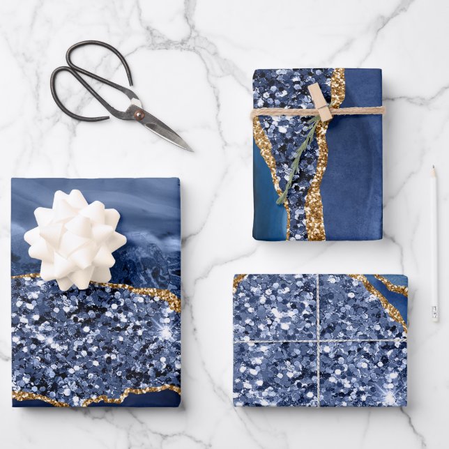 Blue and Gold Faux Glitter Agate Wrapping Paper Sheet (Front)