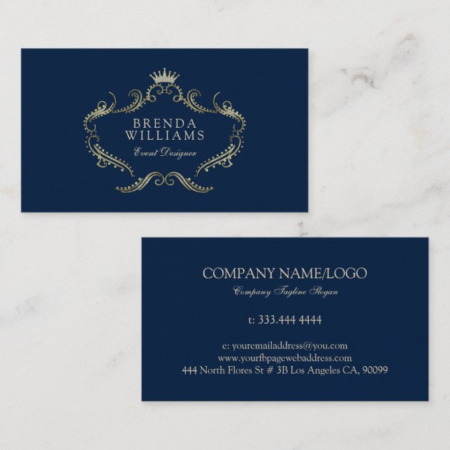 Blue And Gold Faux Glitter Ornate Frame Business C Business Card (Front/Back)