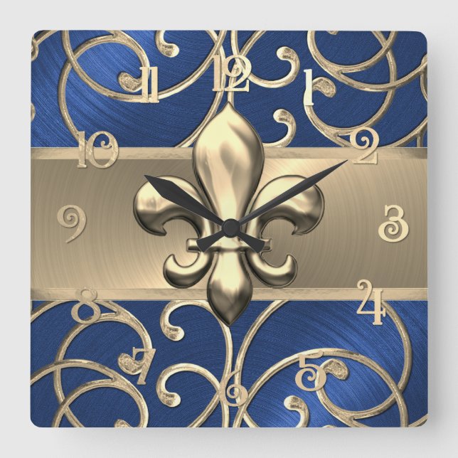 Blue and Gold Filigree Swirls Fleur de Lis Square Wall Clock (Front)