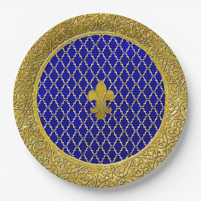 Blue and Gold Fleur-de-lis Any Occasion Paper Plate (Front)