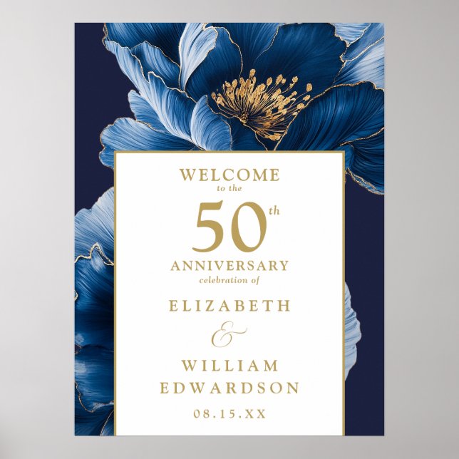 Blue And Gold Floral 50th Anniversary Welcome Sign (Front)