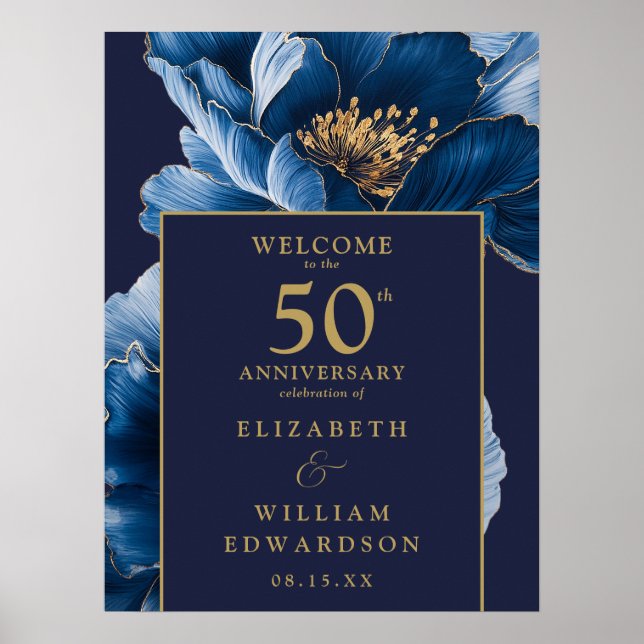 Blue And Gold Floral 50th Anniversary Welcome Sign (Front)