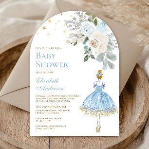 Blue and Gold Floral Ballerina Arch Baby Shower Invitation
