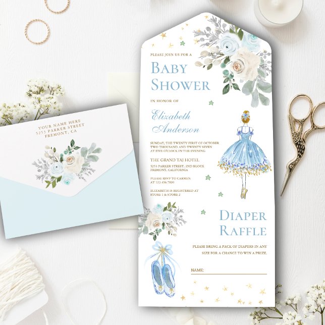 Blue and Gold Floral Ballerina Baby Shower All In One Invitation (Creator Uploaded)
