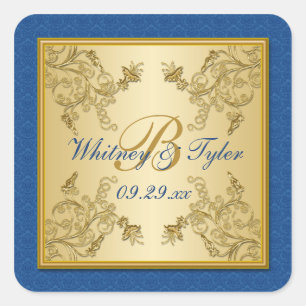 Blue and Gold Floral Damask Monogram Sticker