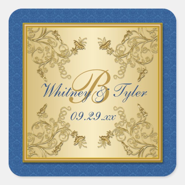 Blue and Gold Floral Damask Monogram Sticker (Front)