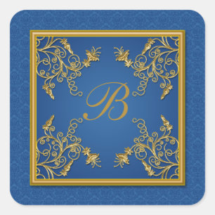 Blue and Gold Floral Damask Monogram Sticker