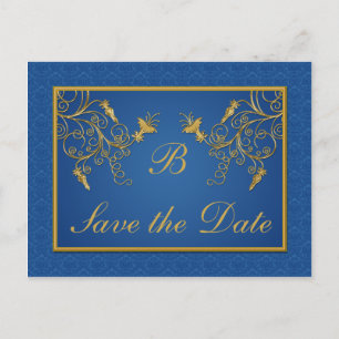 Blue and Gold Floral Damask Save the Date Card