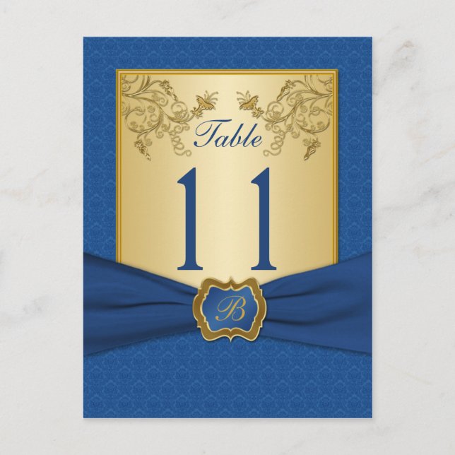 Blue and Gold Floral Damask Table Number Postcard (Front)