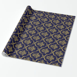 Blue And Gold Floral Damasks Lace Pattern Wrapping Paper