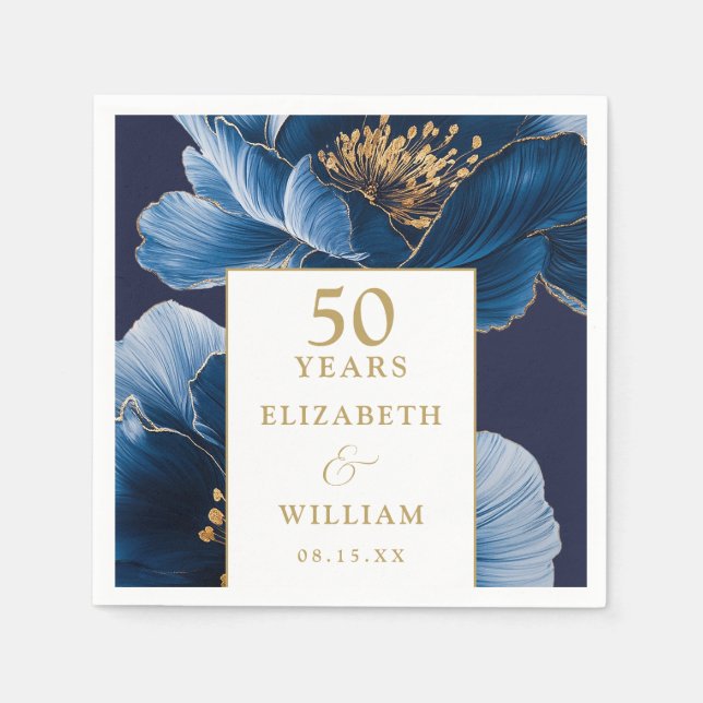 Blue And Gold Floral Elegant 50th Anniversary Napkin (Front)