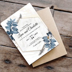 Blue and Gold Floral Geometric Wedding Invitation
