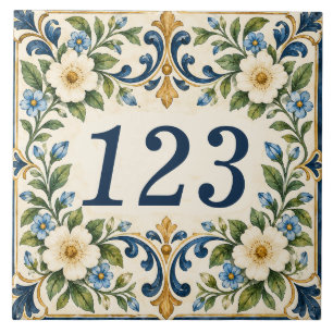 Blue and Gold Floral House Number Tile