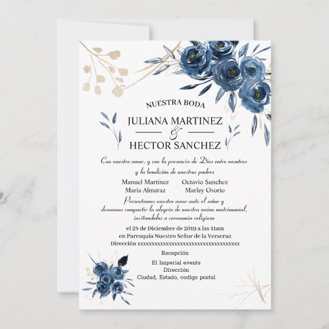 Blue and Gold Floral Invitation (Español) (Front)