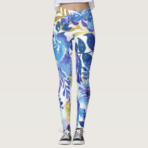 Blue and Gold Floral Leggings