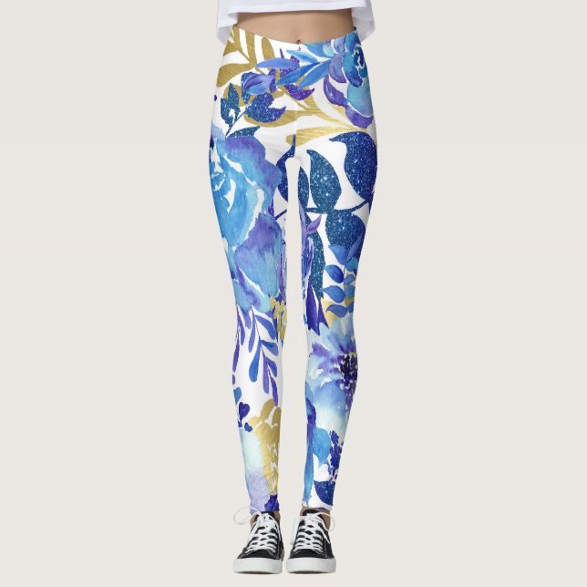 Blue and Gold Floral Leggings (Front)