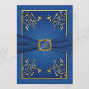 Blue and Gold Floral Monogram Wedding Invitation
