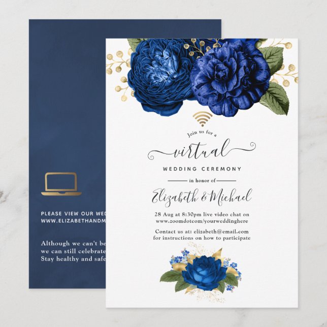 Blue and Gold Floral Online Virtual Wedding Invitation (Front/Back)