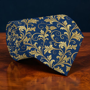 Blue and Gold Floral Pattern Custom Necktie