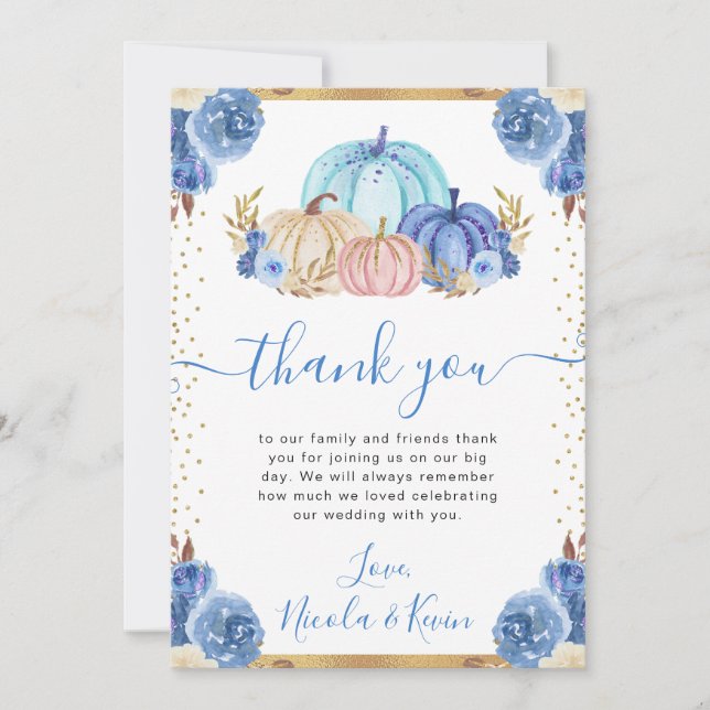 Blue and Gold Floral Pumpkins Fall Wedding Thank You Card (Front)