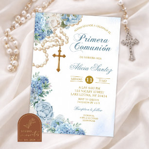 Blue and Gold Floral Rosary Baptism Invitation