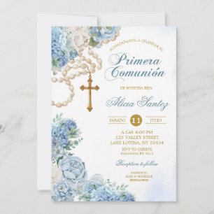 Blue and Gold Floral Rosary Baptism Invitation