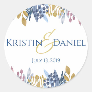Blue and Gold Floral Round Sticker