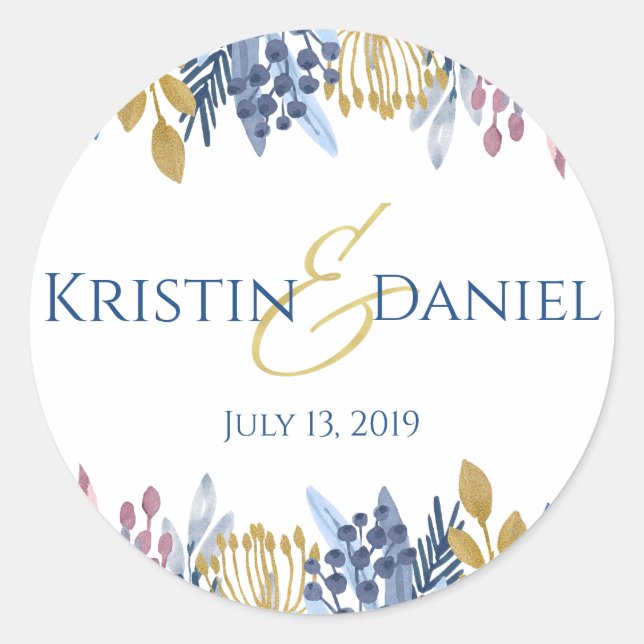 Blue and Gold Floral Round Sticker (Front)