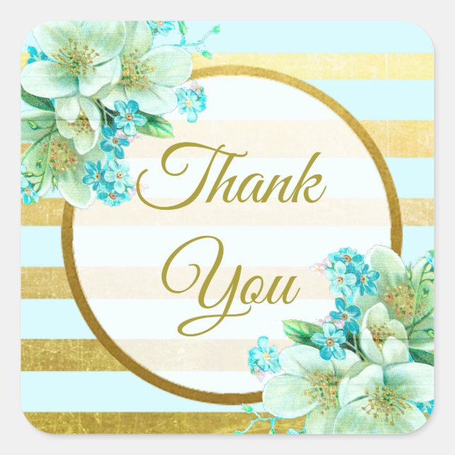 Blue and Gold Floral Thank You Stickers (Front)