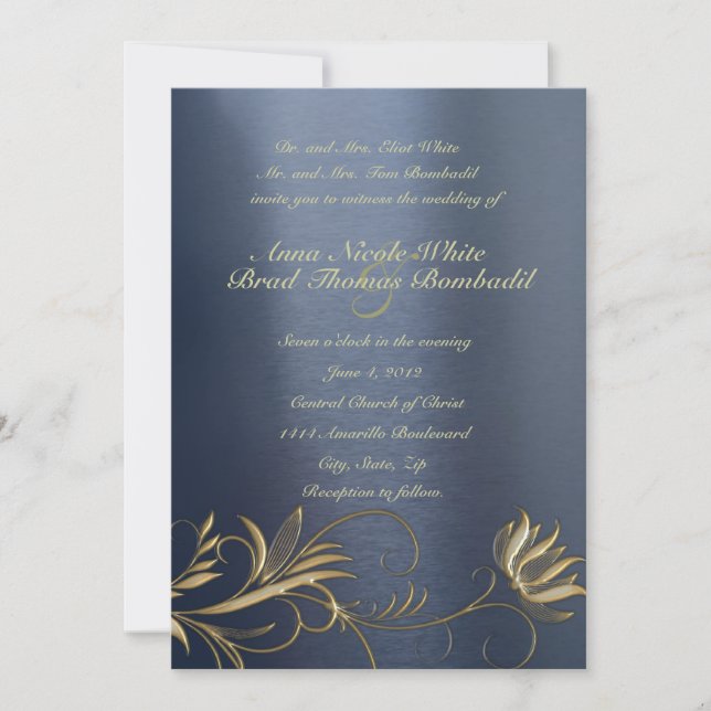 Blue and Gold Floral Vintage Wedding Invitation (Front)