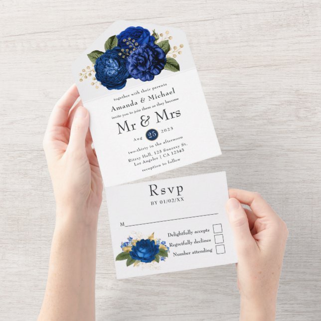 Blue and Gold Floral Wedding All In One Invitation (Tearaway)