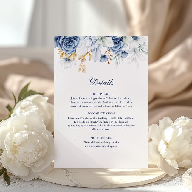 Blue and Gold Floral Wedding Details Card (Blue and Gold Floral Wedding Details Card on a sunny table with white peonies.)
