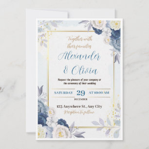 Blue and Gold Floral Wedding Invitation