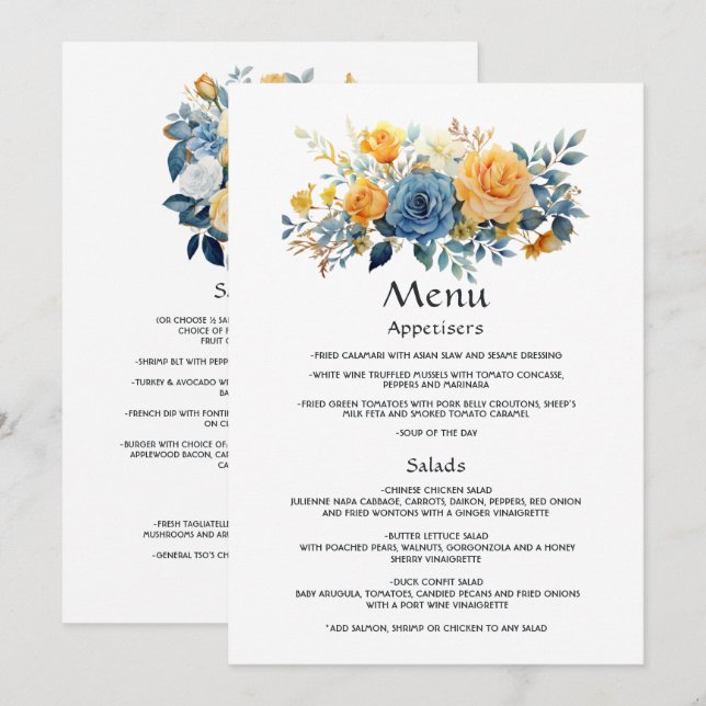 Blue and Gold Floral Wedding Menu (Front/Back)