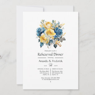 Blue and Gold Floral Wedding Rehearsal Dinner Invitation