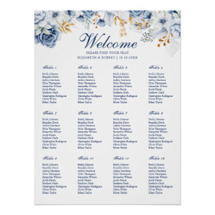 Blue and Gold Floral Wedding Seating Chart Poster
