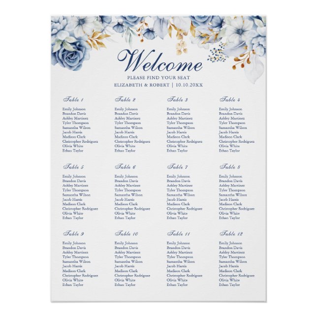 Blue and Gold Floral Wedding Seating Chart Poster (Front)