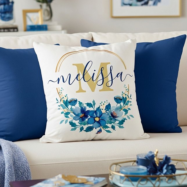 Blue and gold floral wreath personalised cushion (Creator Uploaded)